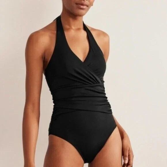 Boden Women Black Halter Ruched Tummy Friendly One Piece Swimsuit | Size 8 - Picture 2 of 15
